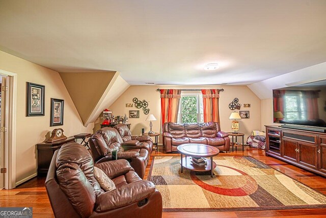 living room with vaulted ceiling and wood-type flooring