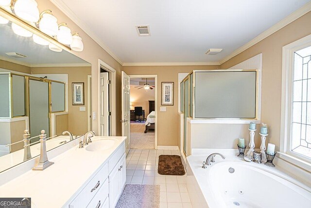 bathroom with ornamental molding, a wealth of natural light, vanity, and plus walk in shower