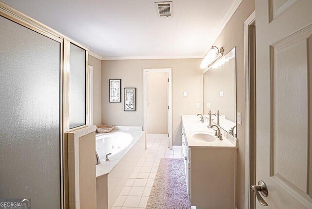 bathroom featuring vanity, separate shower and tub, ornamental molding, and tile patterned floors