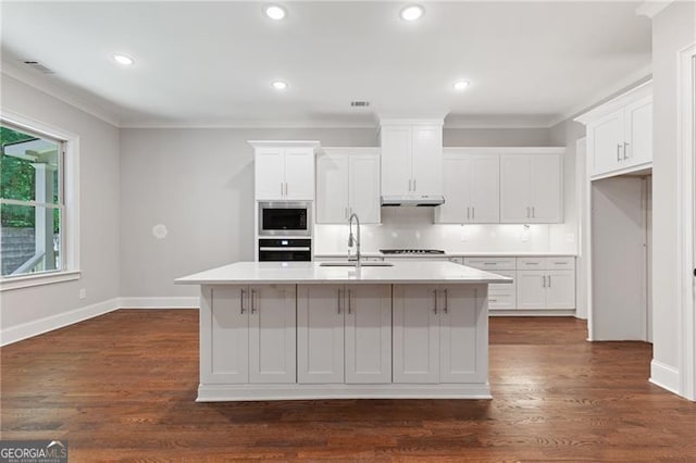 kitchen with dark wood-type flooring, a kitchen island with sink, sink, and white cabinets