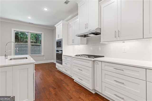 kitchen featuring white cabinets, dark wood-type flooring, sink, ornamental molding, and appliances with stainless steel finishes