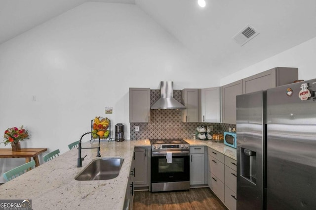 kitchen with lofted ceiling, sink, dark wood-type flooring, wall chimney range hood, and appliances with stainless steel finishes