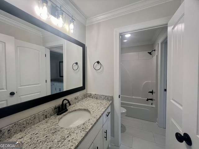 full bathroom featuring tile patterned flooring, toilet, crown molding, shower / washtub combination, and vanity