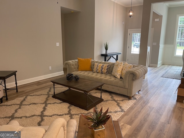 living room featuring ornamental molding, a healthy amount of sunlight, and hardwood / wood-style floors