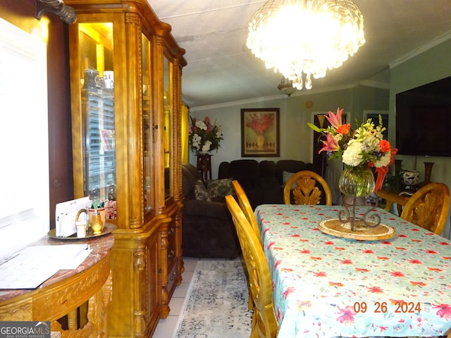 dining space featuring ornamental molding, lofted ceiling, decorative columns, and light tile patterned floors