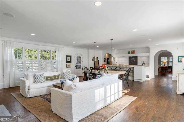 living room with ornamental molding and dark hardwood / wood-style floors