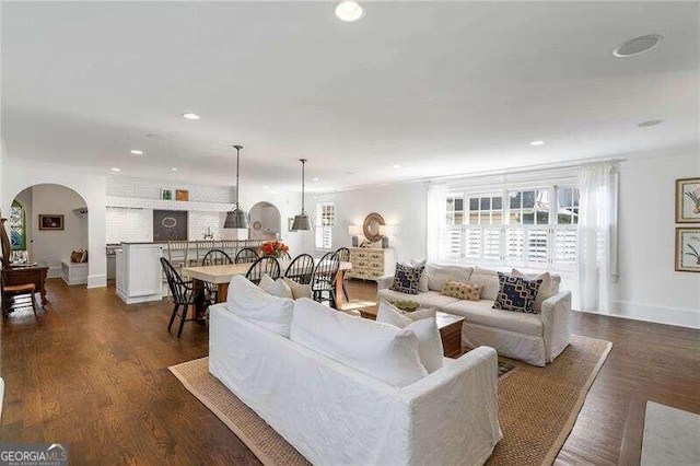 living room featuring ornamental molding and dark wood-type flooring