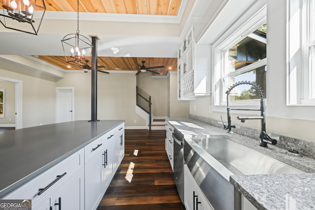 kitchen featuring wood ceiling, decorative light fixtures, dishwasher, dark hardwood / wood-style floors, and white cabinetry