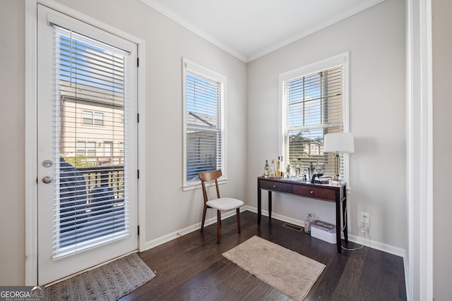 doorway to outside featuring crown molding and dark wood-type flooring