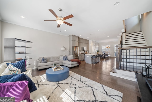 living room with ceiling fan with notable chandelier, crown molding, and dark wood-type flooring