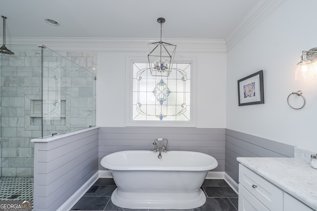 bathroom with a chandelier, shower with separate bathtub, vanity, and crown molding