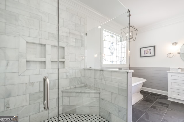 bathroom featuring plus walk in shower, vanity, and crown molding