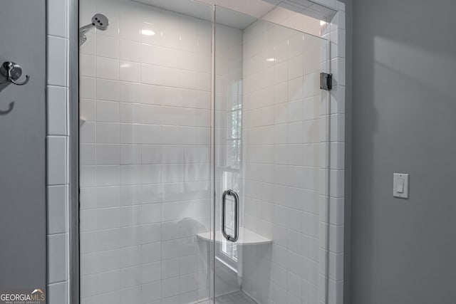 bathroom featuring a shower with door