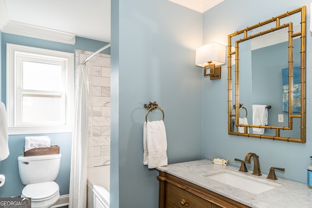 full bathroom with toilet, vanity, shower / bath combo, and ornamental molding