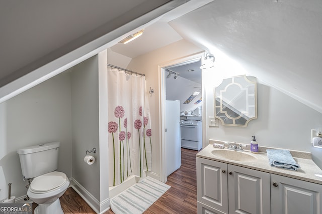 bathroom with a shower with curtain, hardwood / wood-style floors, vaulted ceiling, toilet, and vanity