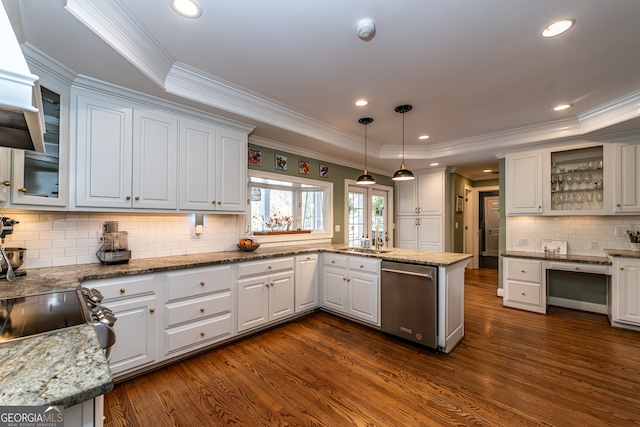 kitchen with white cabinetry, dishwasher, dark wood-type flooring, hanging light fixtures, and crown molding