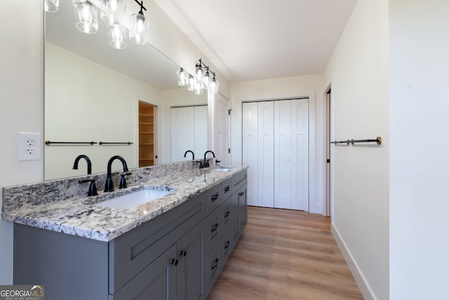 bathroom with vanity and hardwood / wood-style flooring