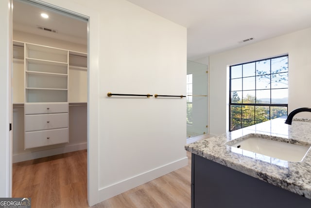 bathroom with vanity and wood-type flooring