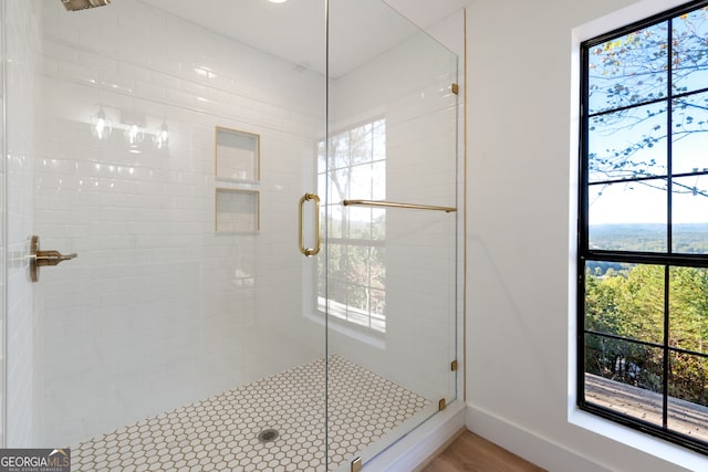 bathroom with a shower with door and wood-type flooring