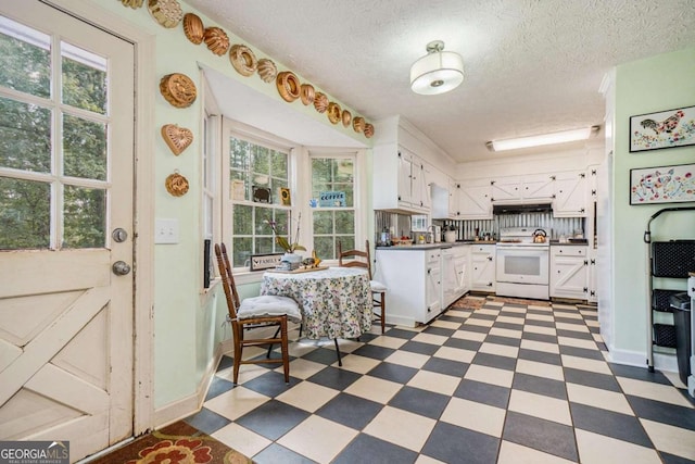 kitchen featuring plenty of natural light, white range with electric stovetop, white cabinets, and sink