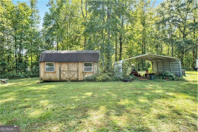 exterior space featuring a shed and a carport