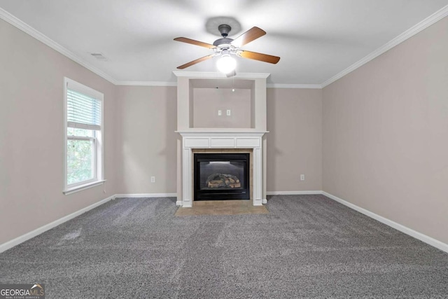 unfurnished living room featuring ornamental molding, ceiling fan, and carpet