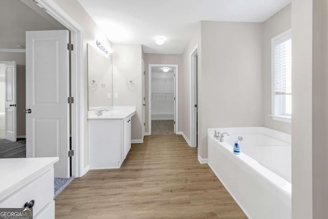 bathroom featuring wood-type flooring, a bathtub, and vanity