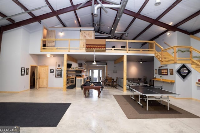 rec room with high vaulted ceiling, concrete flooring, beamed ceiling, and billiards