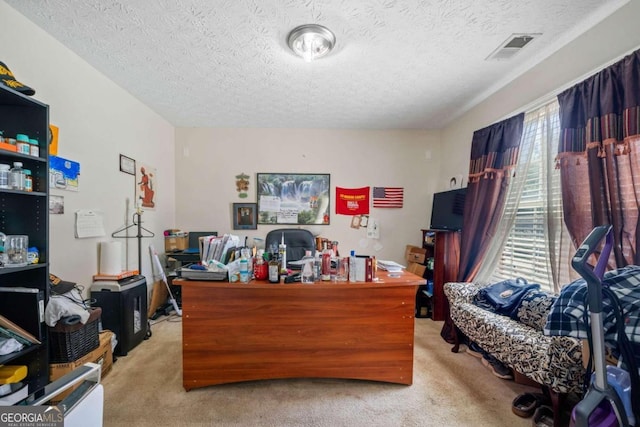 carpeted office space featuring a textured ceiling