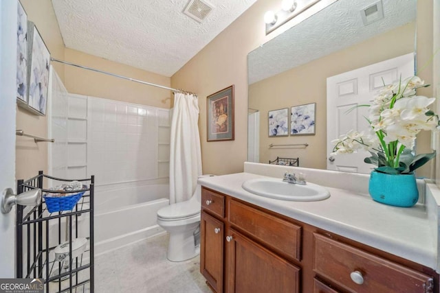 full bathroom with vanity, toilet, a textured ceiling, and shower / tub combo with curtain