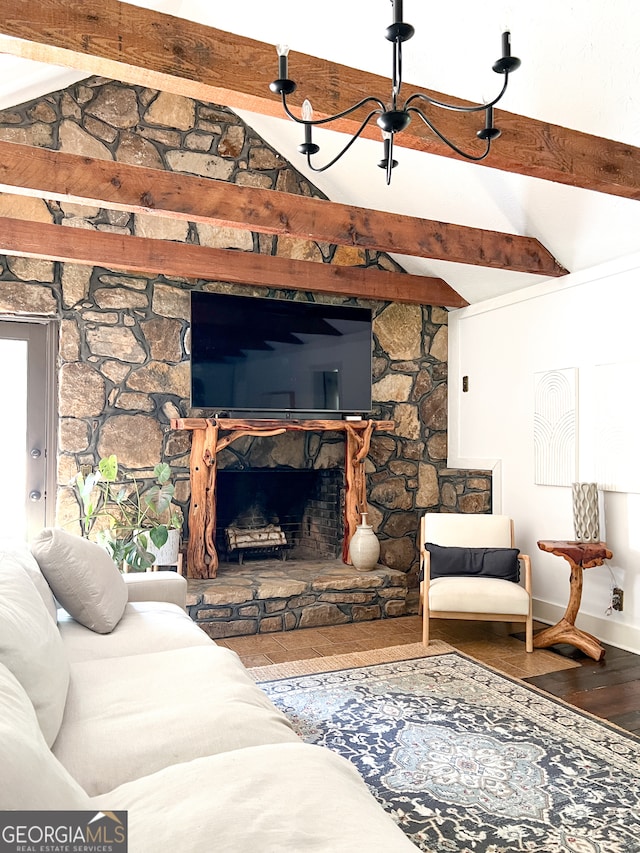 living room with a fireplace, hardwood / wood-style floors, and lofted ceiling with beams