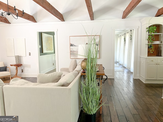 living room featuring lofted ceiling with beams and dark hardwood / wood-style floors