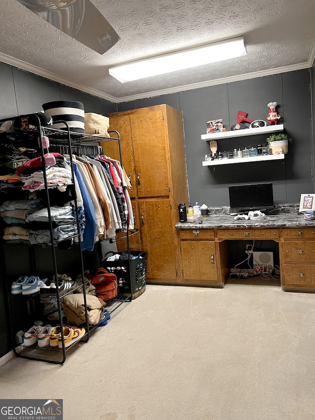 spacious closet with built in desk and light carpet