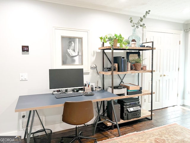 home office featuring a textured ceiling, crown molding, and dark wood-type flooring