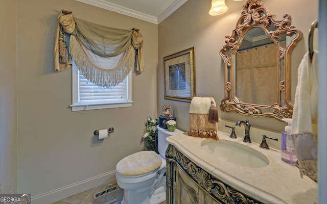 bathroom featuring tile patterned floors, ornamental molding, toilet, and vanity