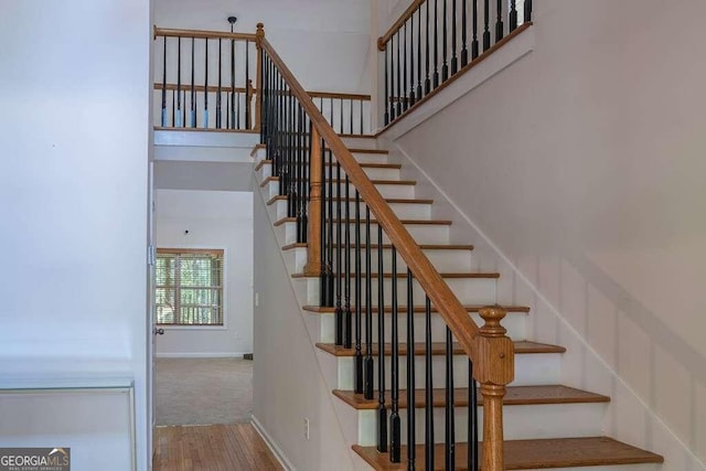 stairway with hardwood / wood-style flooring