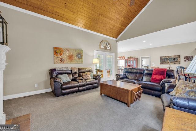 carpeted living room featuring wooden ceiling, french doors, high vaulted ceiling, and crown molding