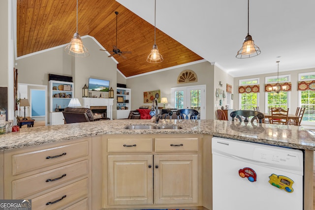 kitchen with hanging light fixtures, sink, dishwasher, wooden ceiling, and vaulted ceiling