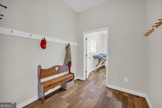 misc room with light wood-type flooring and a textured ceiling