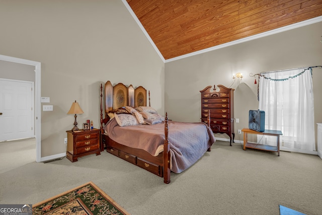 carpeted bedroom featuring high vaulted ceiling and wooden ceiling