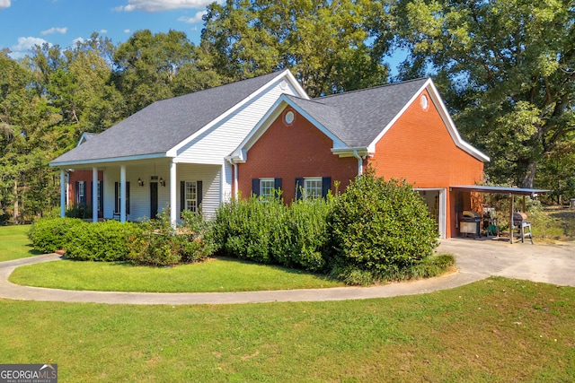 view of property exterior featuring a porch, a yard, and a carport