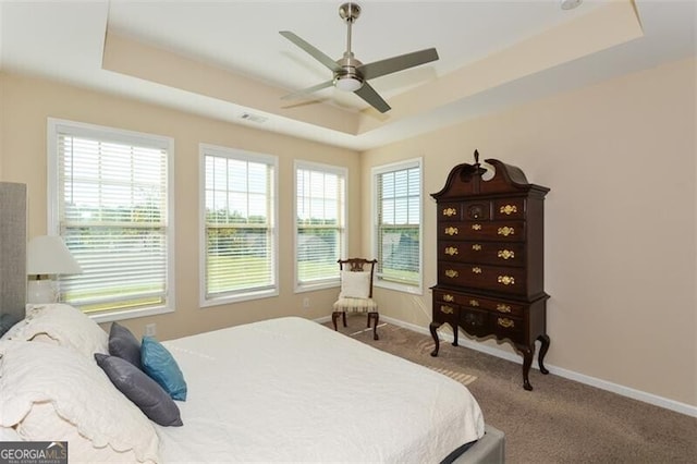 carpeted bedroom featuring a raised ceiling and ceiling fan