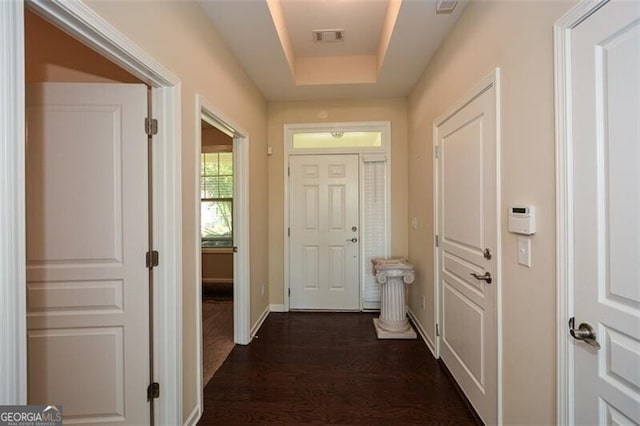 doorway featuring a raised ceiling and dark hardwood / wood-style flooring