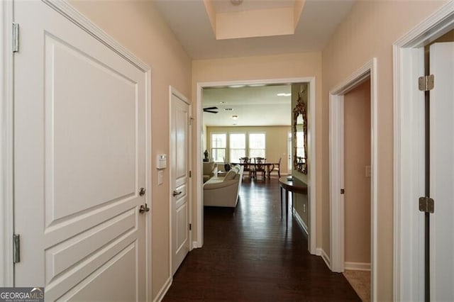 corridor with a skylight and dark hardwood / wood-style floors