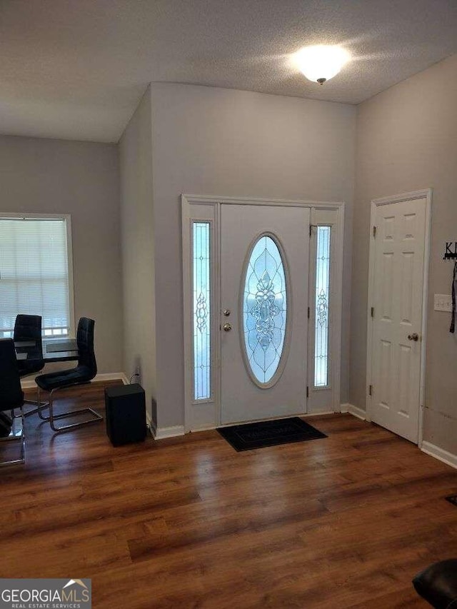 foyer entrance featuring a textured ceiling, plenty of natural light, and dark wood-type flooring