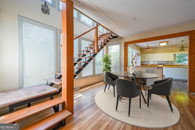 dining area featuring a textured ceiling, ceiling fan, light hardwood / wood-style floors, and sink