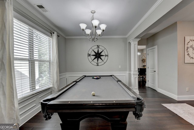 recreation room with ornate columns, dark hardwood / wood-style floors, billiards, and ornamental molding