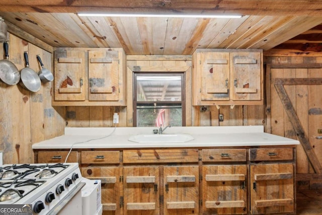 kitchen with wood ceiling, light countertops, a sink, and wood walls