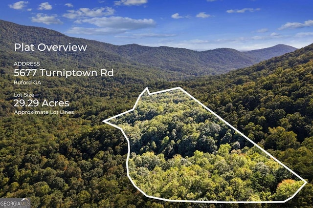 aerial view featuring a mountain view and a view of trees