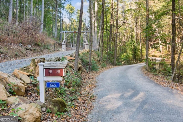 view of street with a forest view